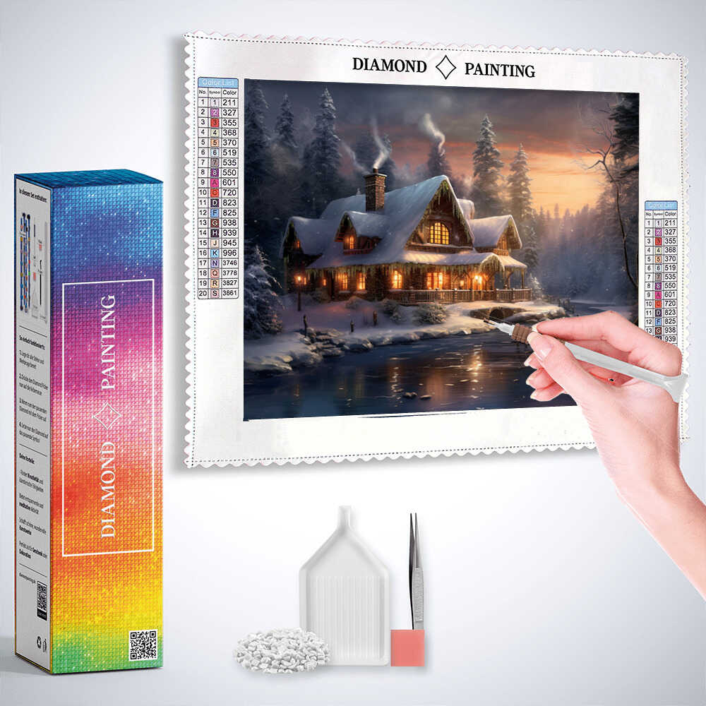 Diamond Painting - Abenddämmerung im Winterzauber am gefrorenen Fluss