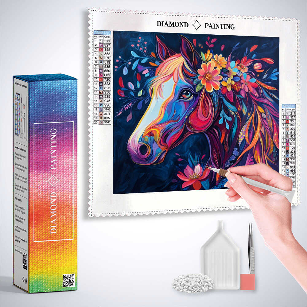 Diamond Painting - Farben des Wilden Herzens, Pferd mit Blumen