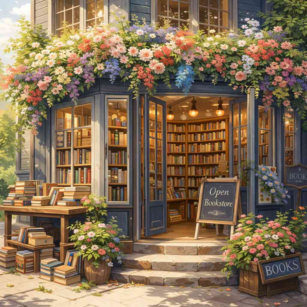 Diamond Painting - Das Bücherparadies im Blütenschein