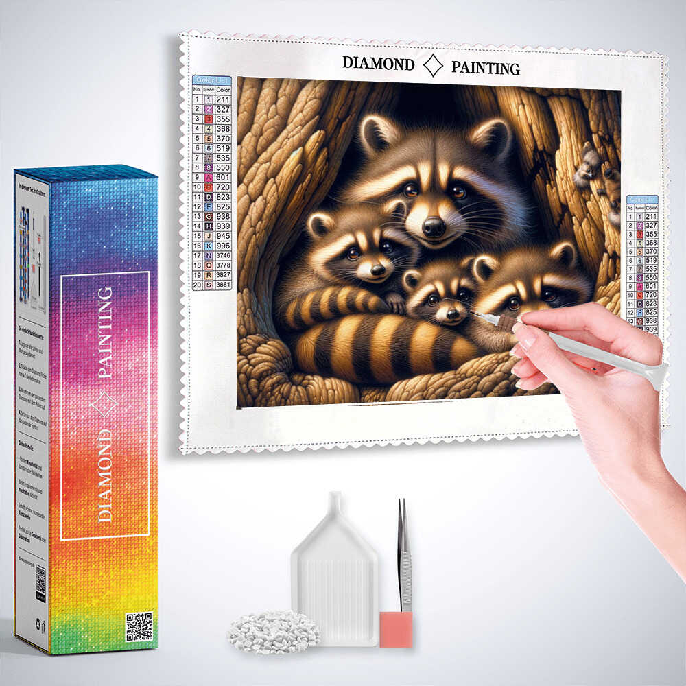 Diamond Painting - Waschbärenfamilie