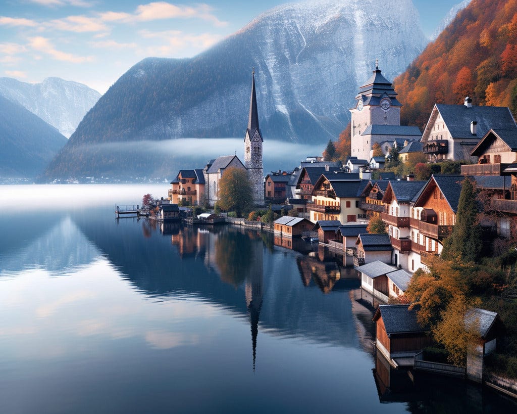 Diamond Painting - Dorf am Bergsee mit Wasserspiegelung