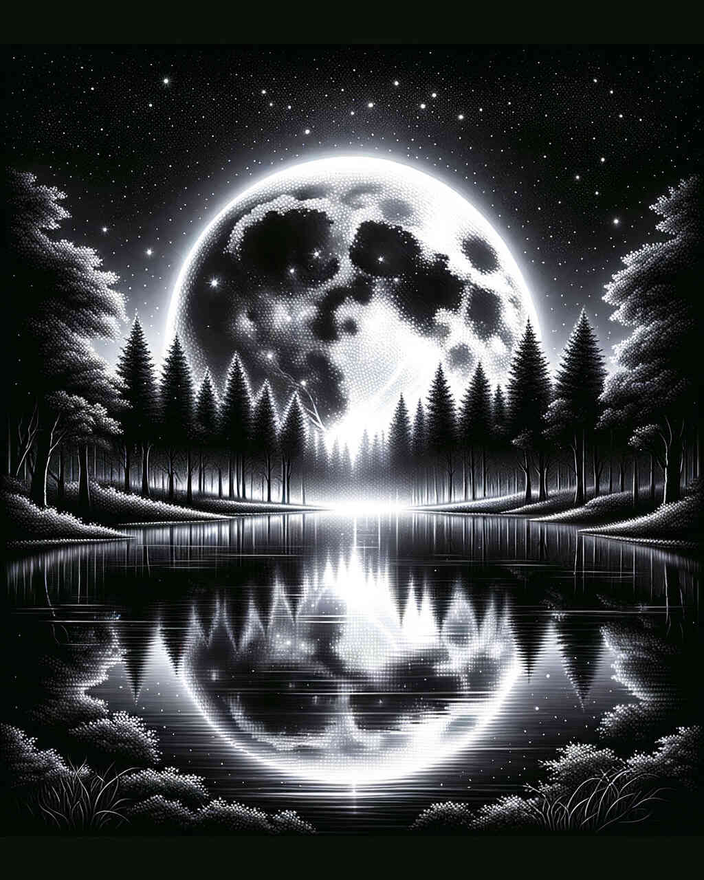 Diamond Painting - Schwarz-weiß Mondspiegelung