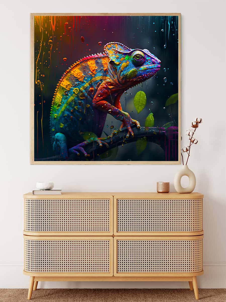 AB Diamond Painting - Chamäleon im Regen farbenfroh - gedruckt in Ultra-HD - AB Diamond, Chamäleon, Neu eingetroffen, Quadratisch, Tiere