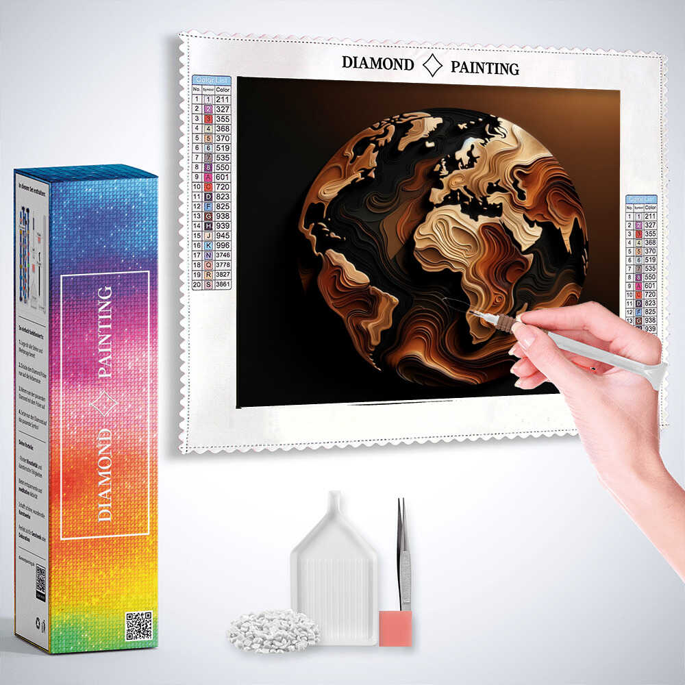 Diamond Painting - Weltkarte in Braun auf Schwarz