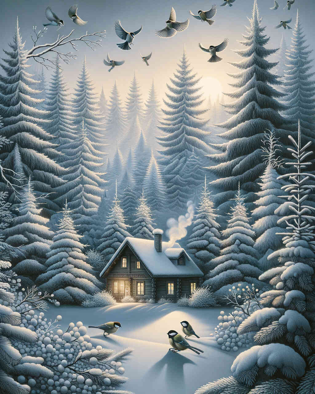 Diamond Painting - Haus in verschneiten Tannen