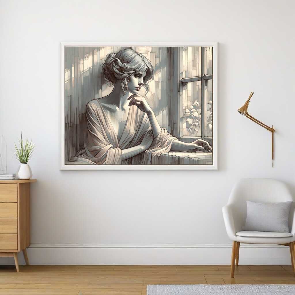 Thinking of you: Frau blickt aus Fenster