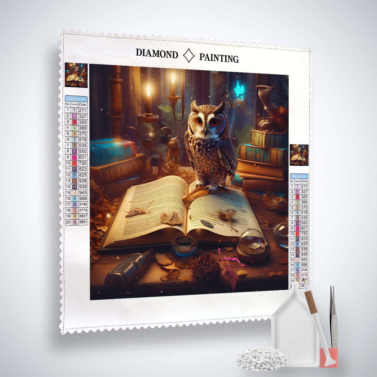 Diamond Painting - Eule mit Buch und Kerzen - gedruckt in Ultra-HD - eule, fantasy, harry potter, Neu eingetroffen, Quadratisch, tiere