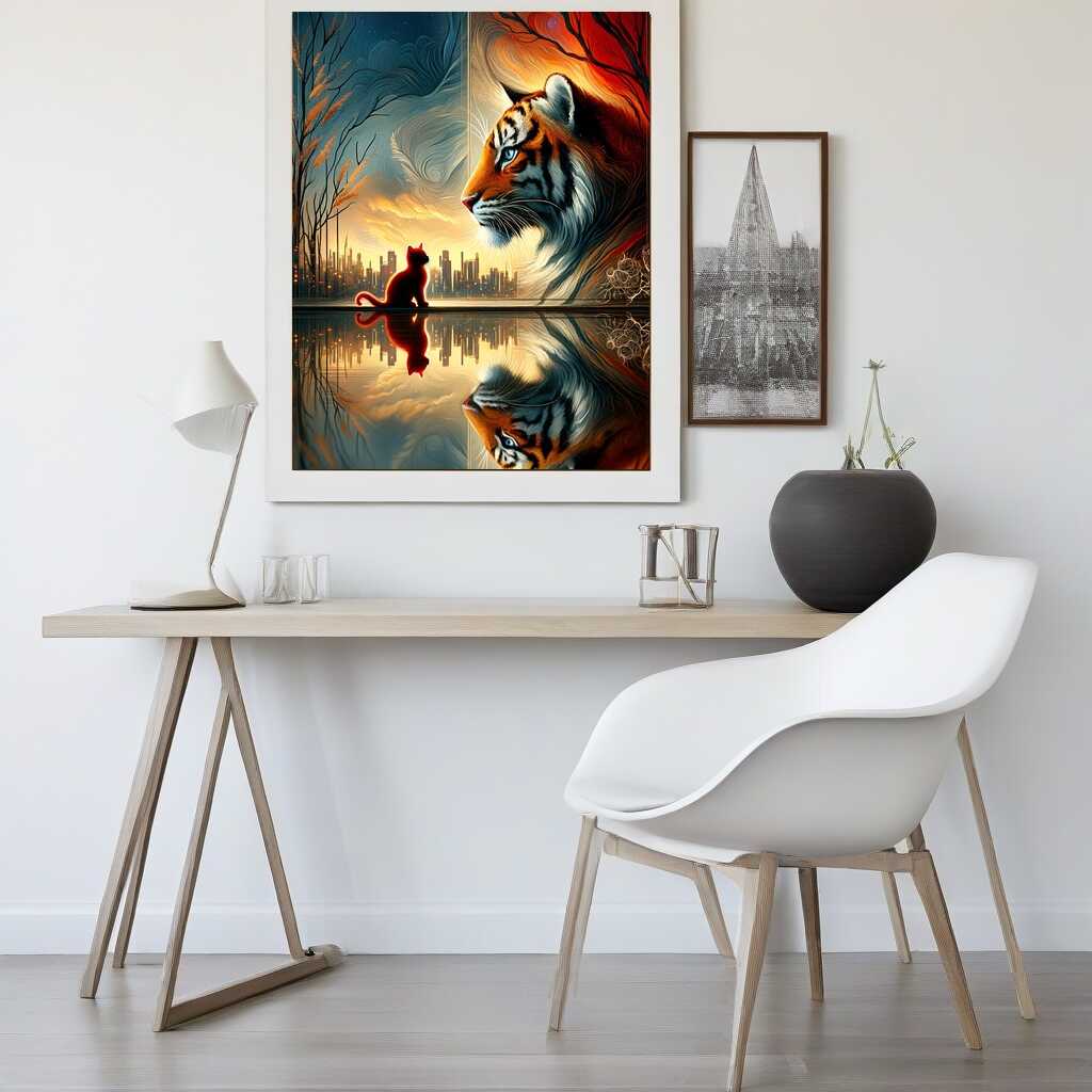 Diamond Painting - Kleine rote Katze großer Tiger Spiegelbild