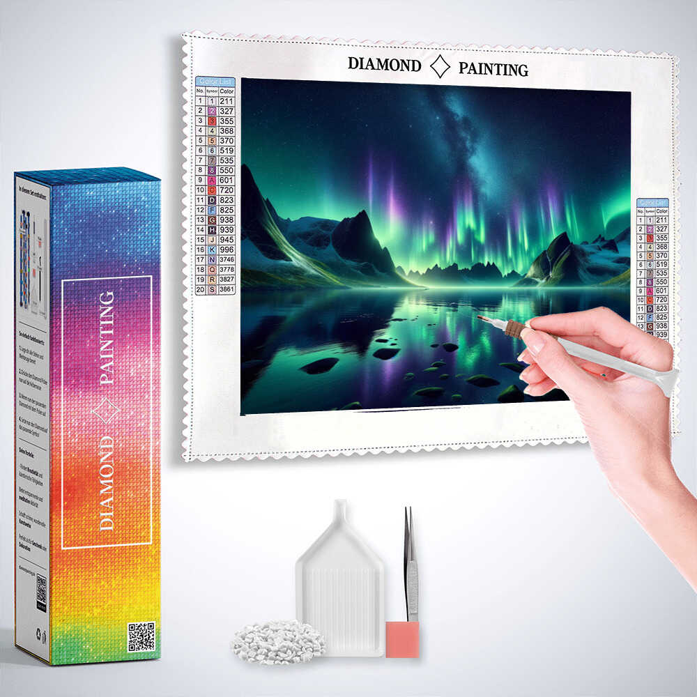 Diamond Painting - Polarlichter in Grün Seelandschaft
