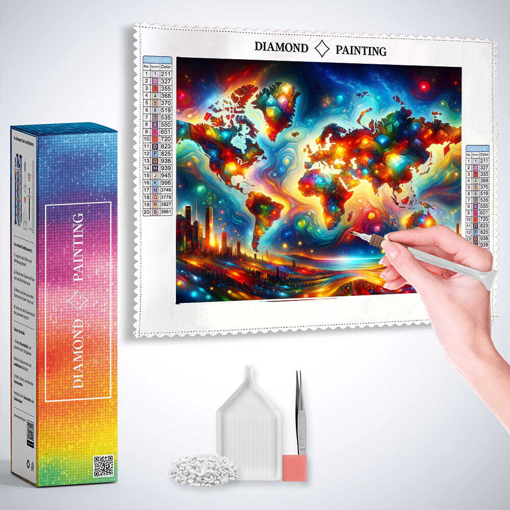 Diamond Painting - Weltkarte Sehenswürdigkeiten bunt