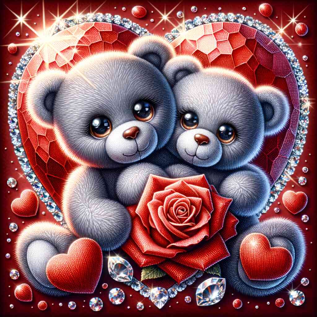 Diamond Painting - Teddypärchen Rose und Herz