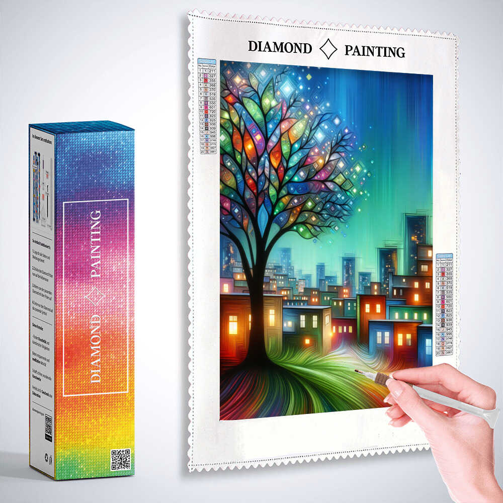Diamond Painting - Stadt um Baum abstrakt