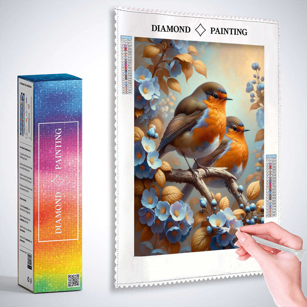 Diamond Painting - Rotkehlchen, blaue Blumen