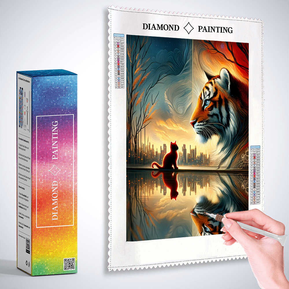 Diamond Painting - Kleine rote Katze großer Tiger Spiegelbild