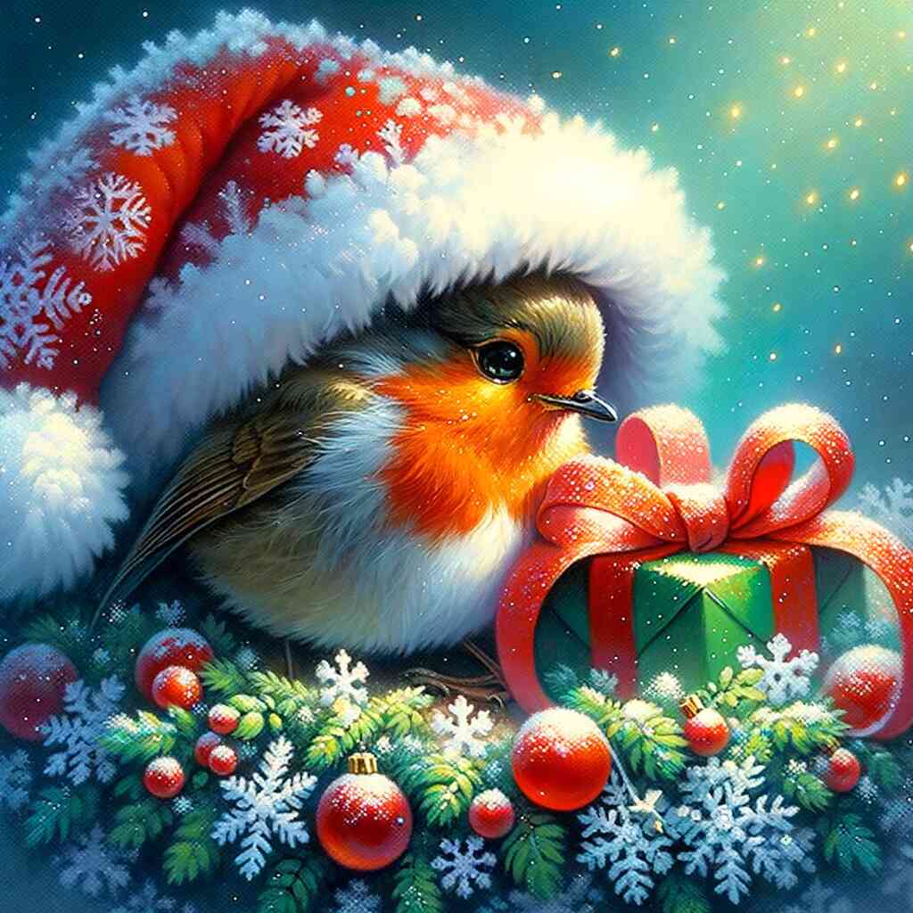 Diamond Painting - Rotkehlchen mit Weihnachtsmütze
