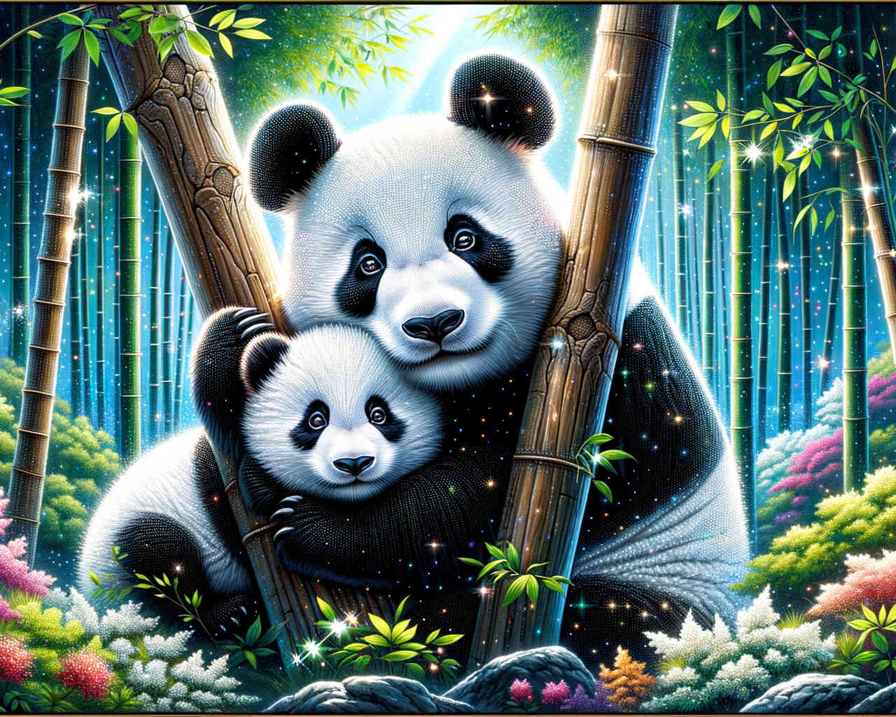 Diamond Painting - Pandafamilie, Baumstämme