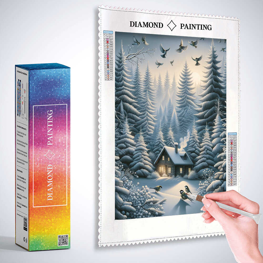 Diamond Painting - Haus in verschneiten Tannen