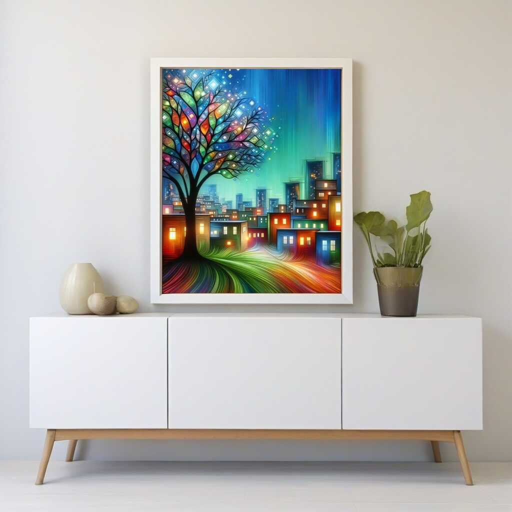 Diamond Painting - Stadt um Baum abstrakt
