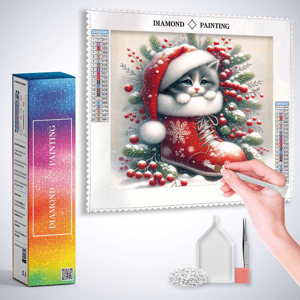 Diamond Painting - Katze mit Weihnachtsstiefel