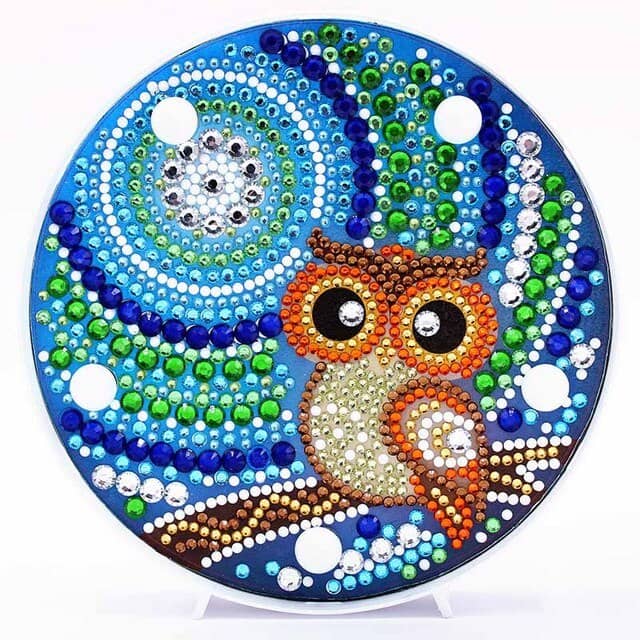Diamond Painting - Runde LED Lampe, Eule auf Ast - gedruckt in Ultra-HD - RundeLEDLampe