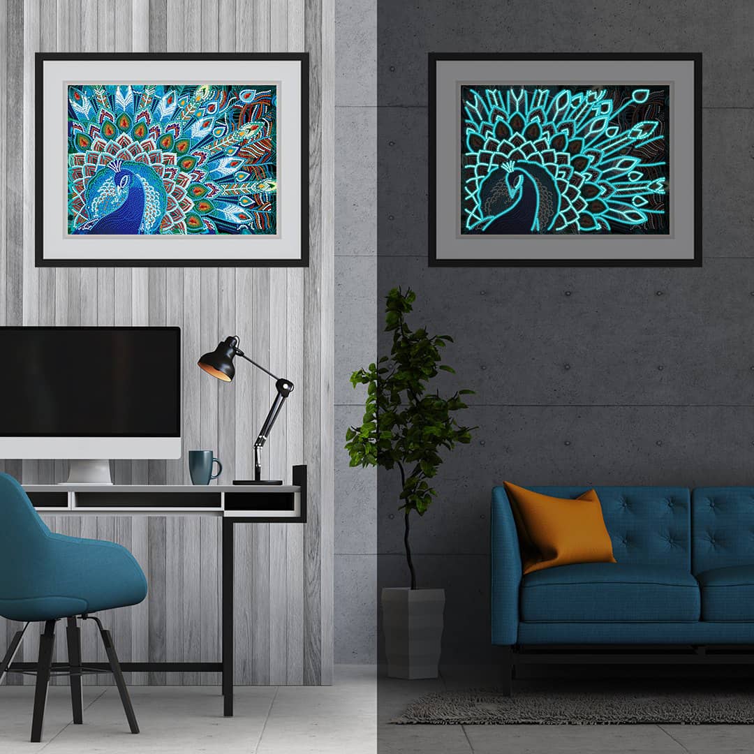 Diamond Painting Nachtleuchtend - Pfau in Blau - gedruckt in Ultra-HD - horizontal, Nachtleuchtend, Pfau, Tiere