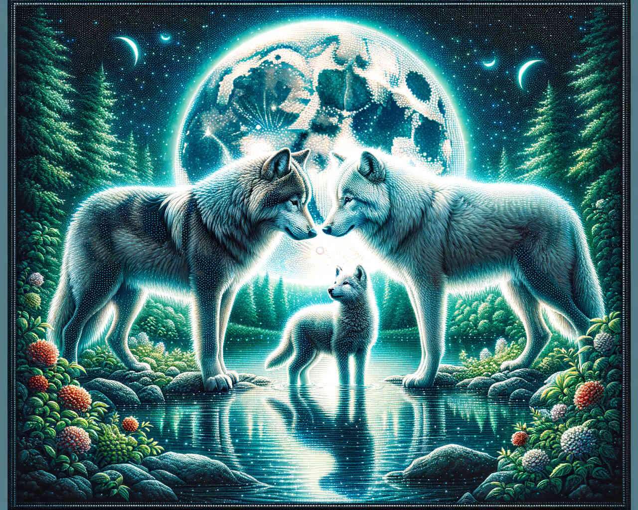 Diamond Painting - Wölfe, Eltern und Kind