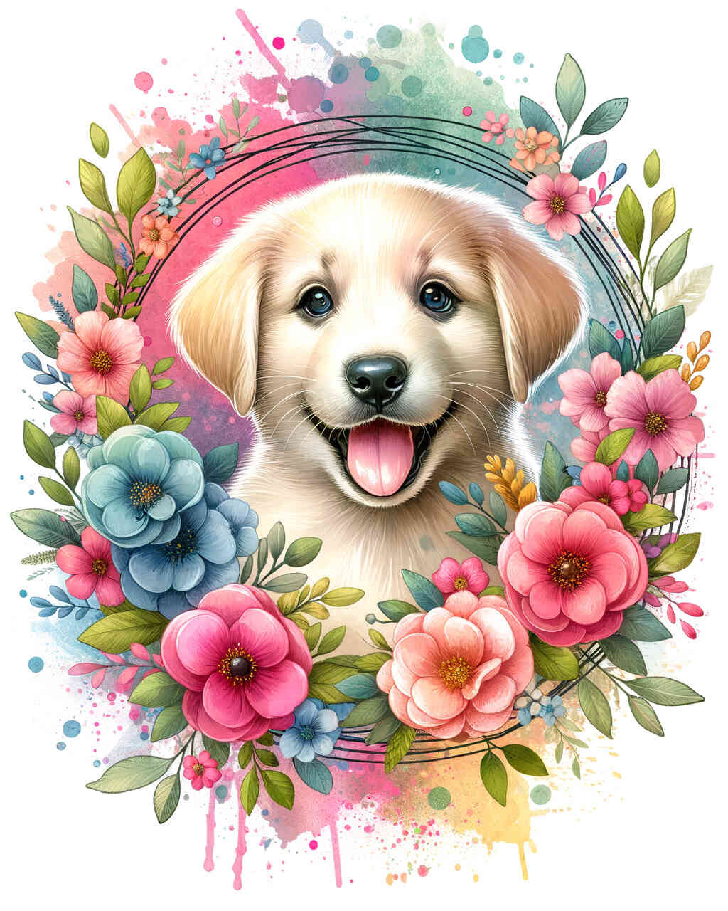 Diamond Painting - Hund Blumenkranz