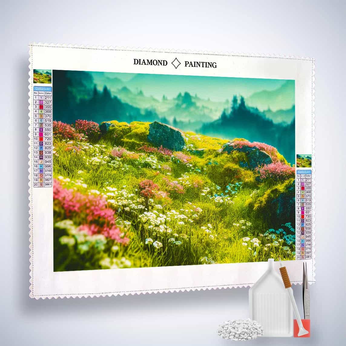 Diamond Painting - Vorsprung, Blumenwiese - gedruckt in Ultra-HD - Berge, Blumen, Horizontal, Landschaft