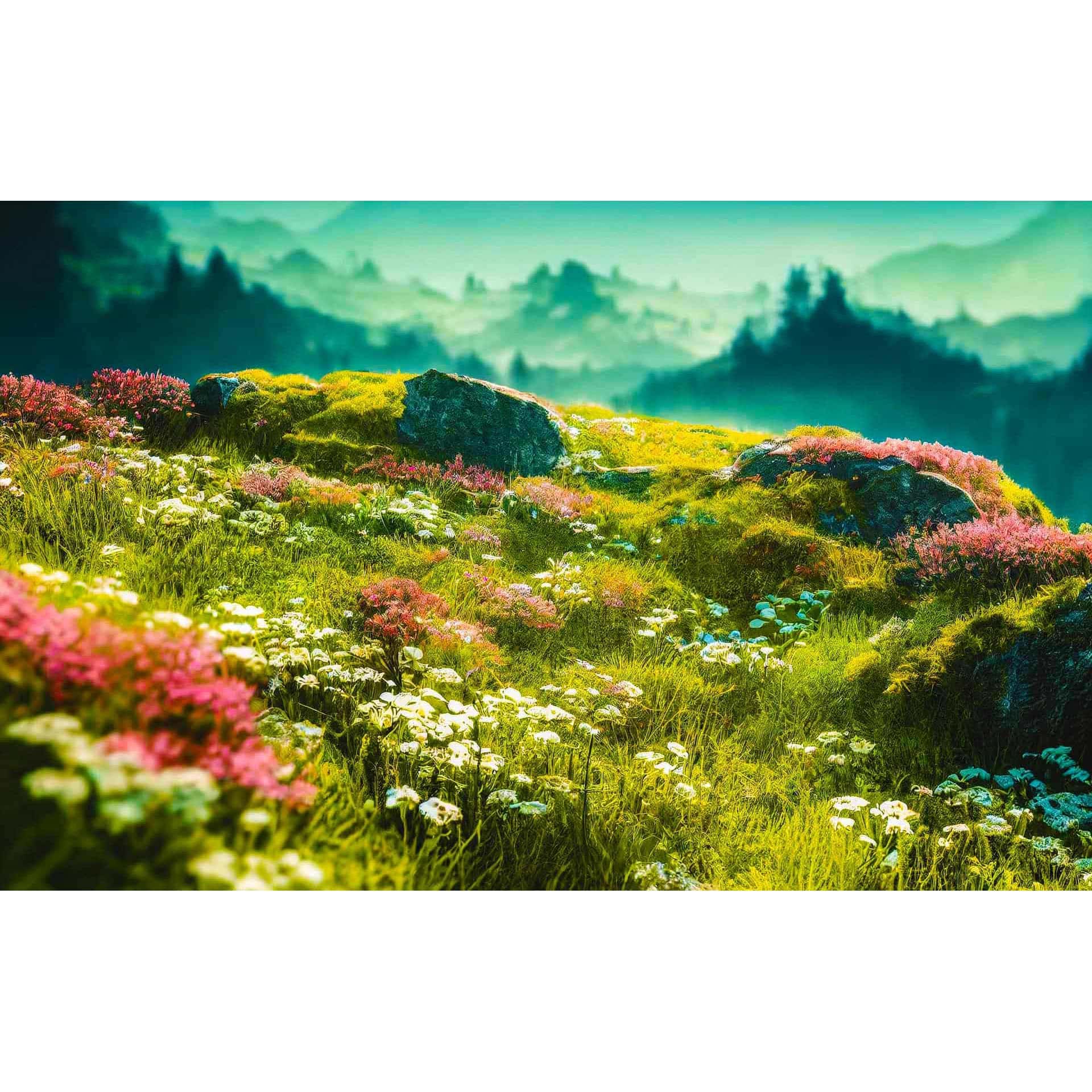 Diamond Painting - Vorsprung, Blumenwiese - gedruckt in Ultra-HD - Berge, Blumen, Horizontal, Landschaft