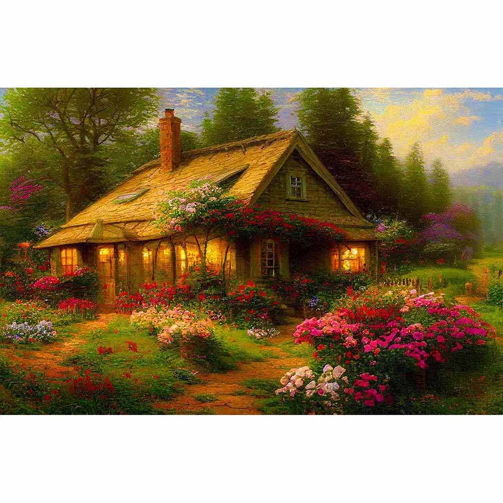 Diamond Painting - Rosenhäuschen, Vintage - gedruckt in Ultra-HD - Horizontal, Landschaft, Wald