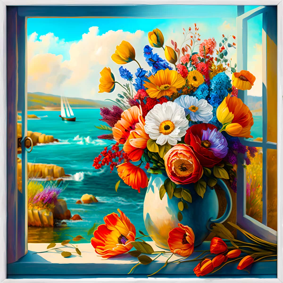 Diamond Painting - Blumengesteck am Meer - gedruckt in Ultra-HD - Blumen, Meer, Neu eingetroffen, Quadratisch
