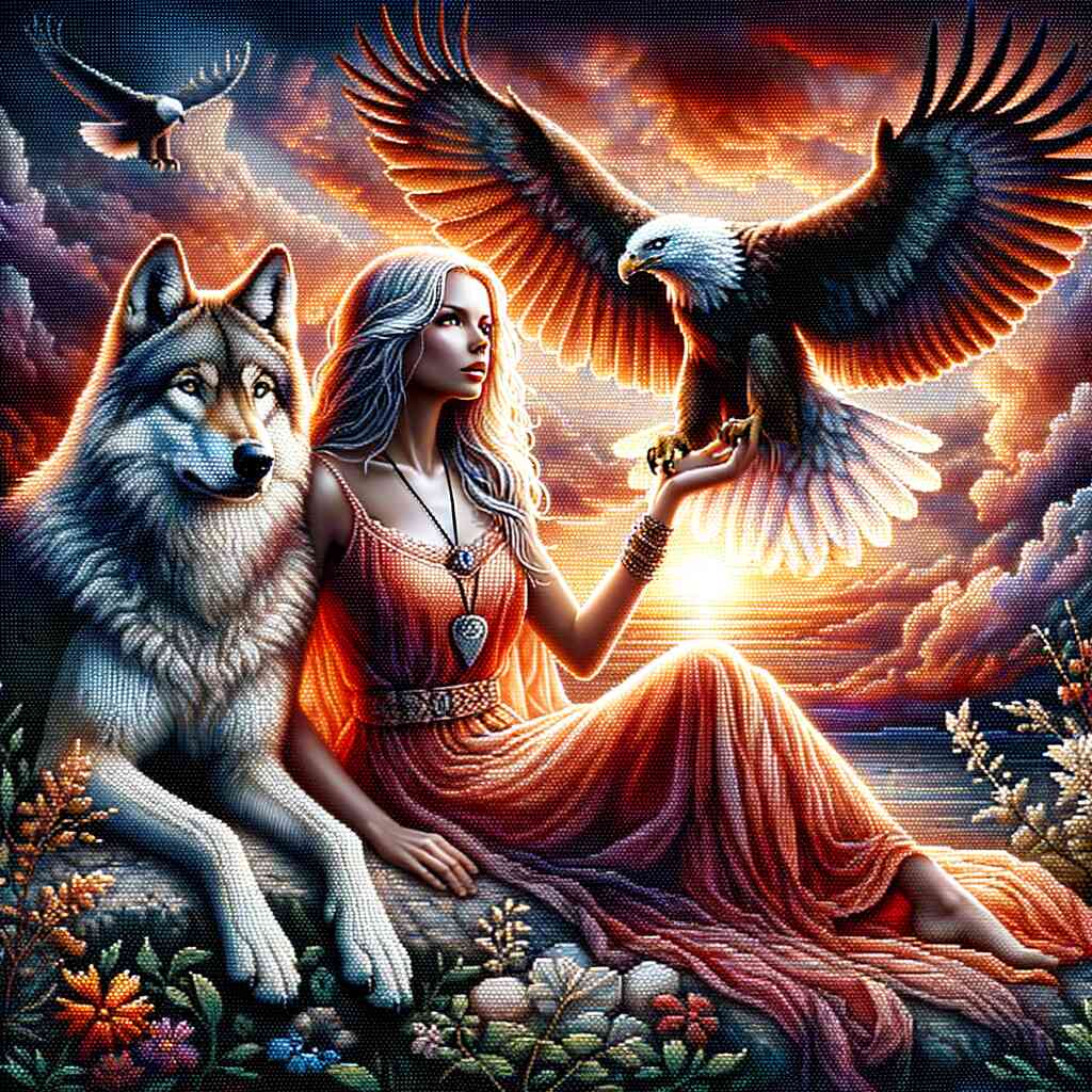 Diamond Painting - Frau mit Adler und Wolf