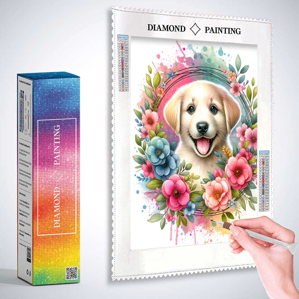 Diamond Painting - Hund Blumenkranz