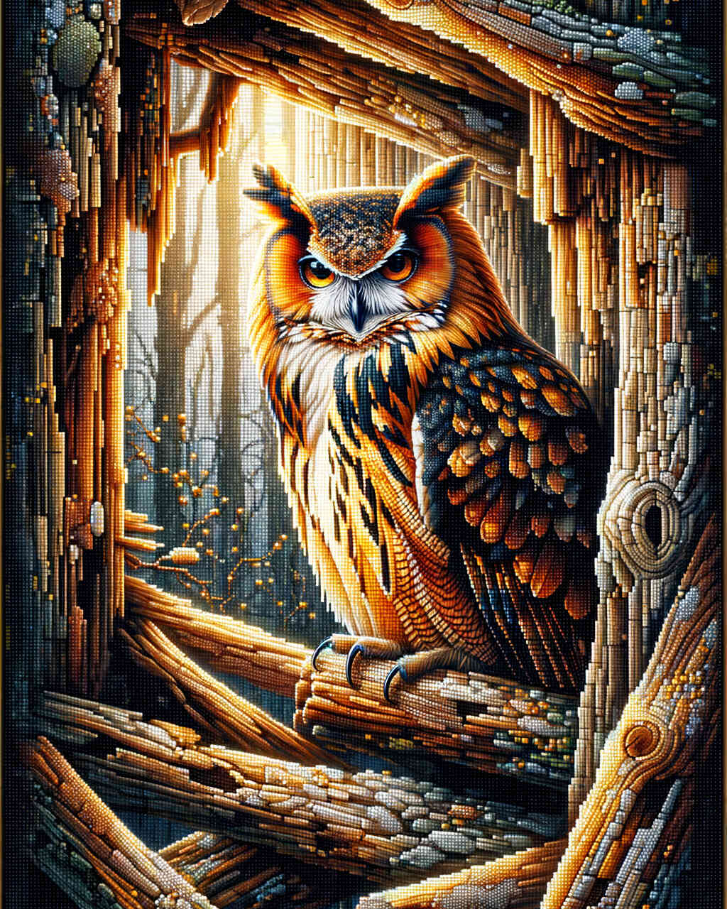Diamond Painting - Eule umgeben von Holz