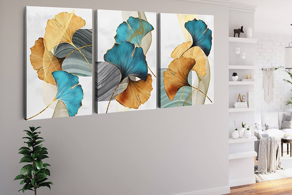 Diamond Painting 3 teilig - Ginkgoblätter in Drei - gedruckt in Ultra-HD - multi3