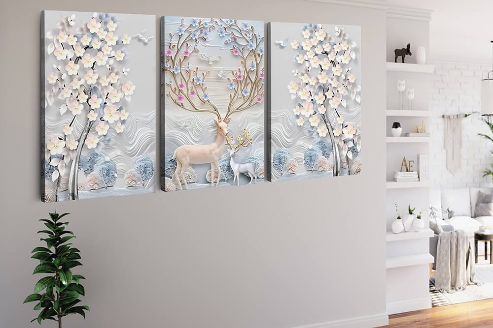 Diamond Painting 3 teilig - Hirsche und Blumen in zarten Pastelltönen - gedruckt in Ultra-HD - multi3