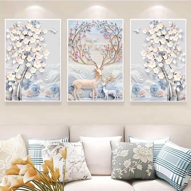 Diamond Painting 3 teilig - Hirsche und Blumen in zarten Pastelltönen - gedruckt in Ultra-HD - multi3
