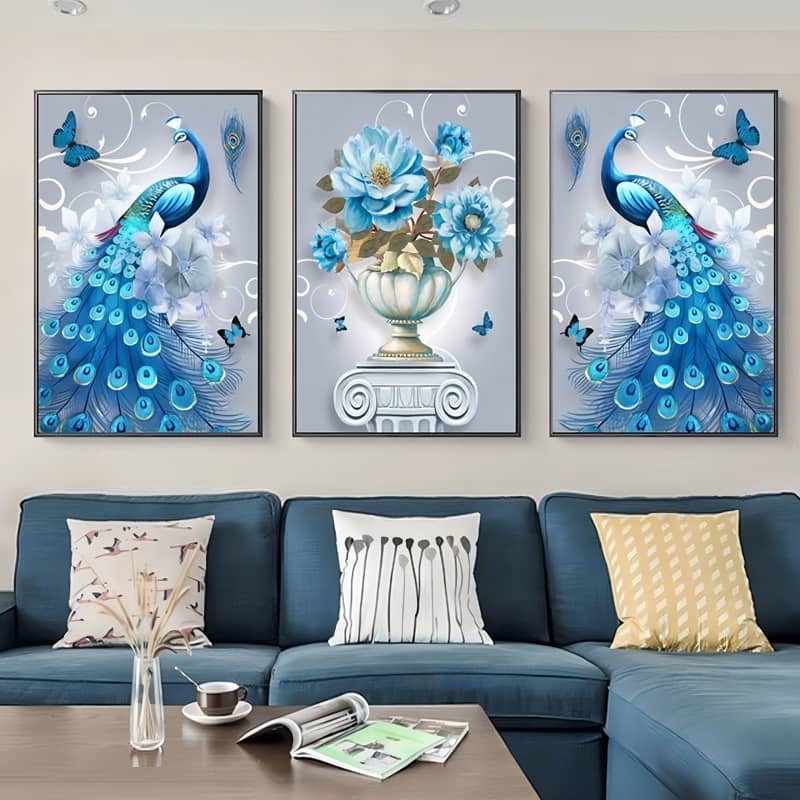Diamond Painting 3 teilig - Pfau, Blume und Pfau - gedruckt in Ultra-HD - multi3