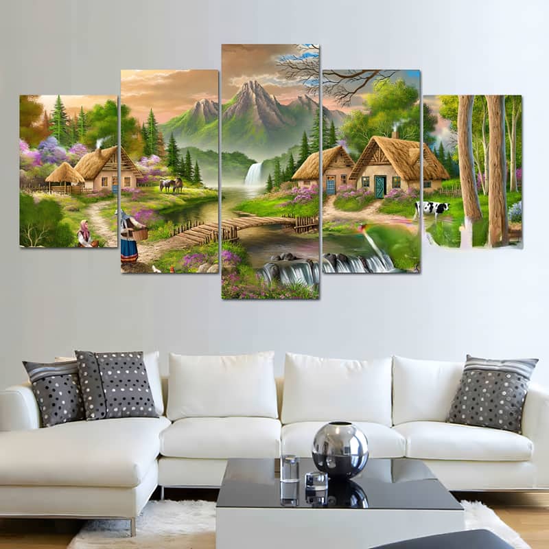 Diamond Painting 5 teilig - Kleines Bergdorf am Waldrand - gedruckt in Ultra-HD - multi5