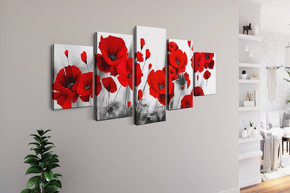 Diamond Painting 5 teilig - Mohnblumen vor Schwarz und Weiß - gedruckt in Ultra-HD - multi5
