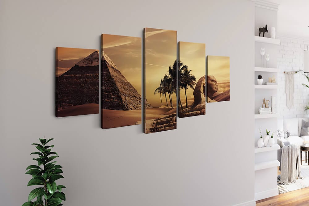 Diamond Painting 5 teilig - Pyramide im Sonnenuntergang, Palmen - gedruckt in Ultra-HD - multi5