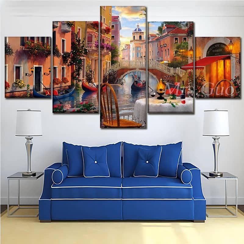 Diamond Painting 5 teilig - Venedig, Dinner am Kanal - gedruckt in Ultra-HD - multi5