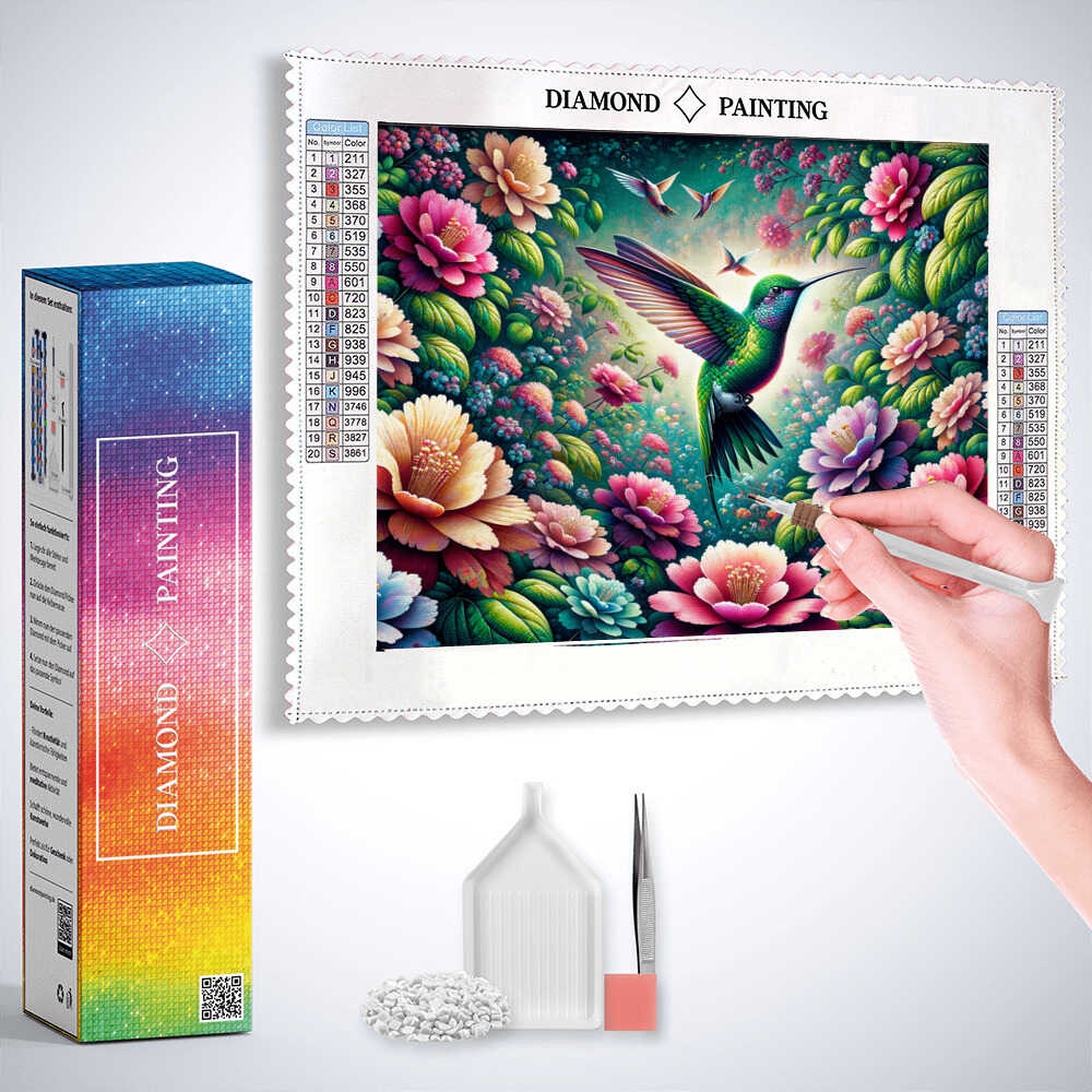 Diamond Painting - Blumen mit Kolibri