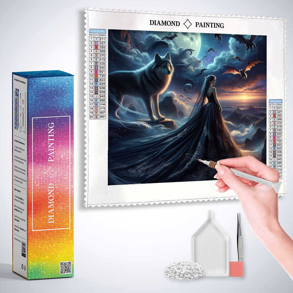Diamond Painting - Wolf mit Frau in schwarz