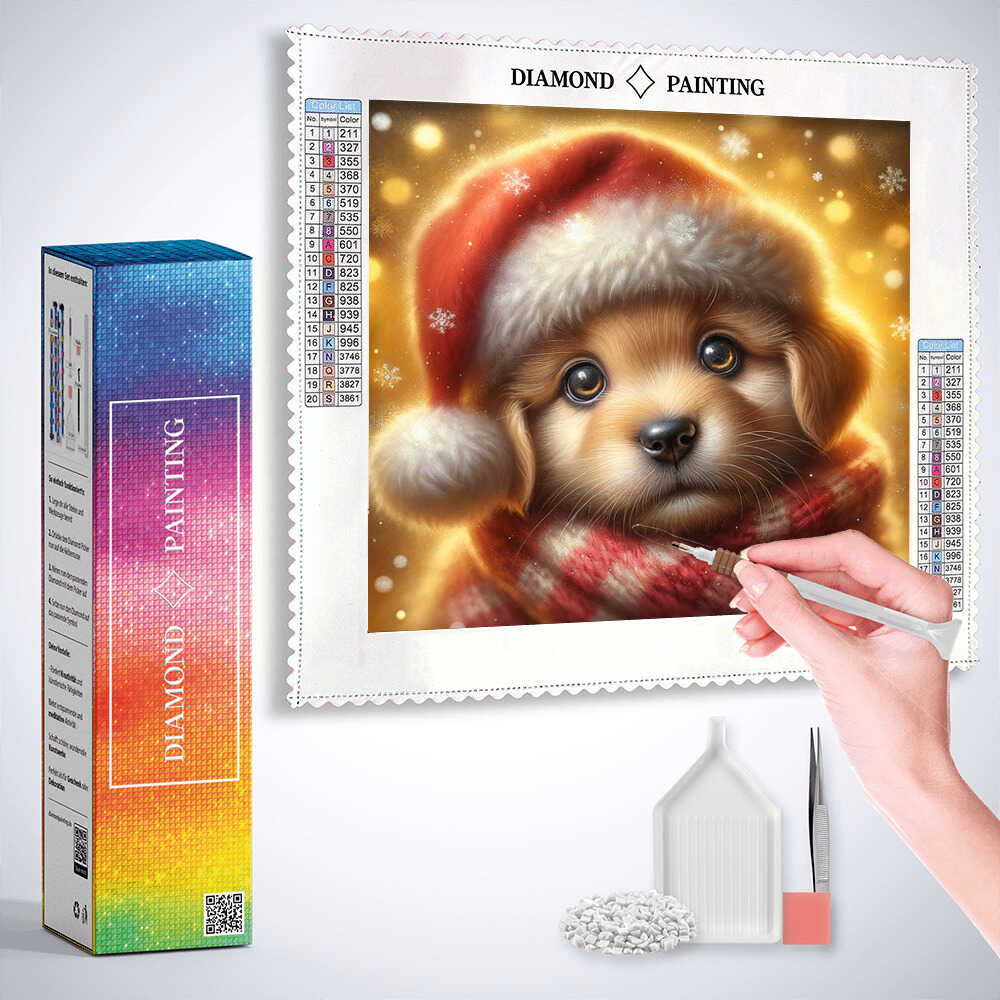 Diamond Painting - Welpe mit Weihnachtsmütze