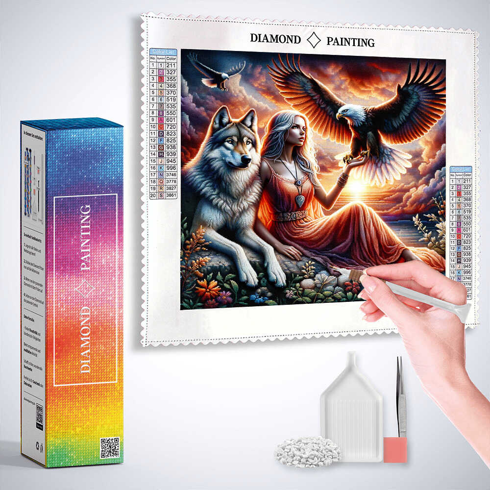Diamond Painting - Frau mit Adler und Wolf