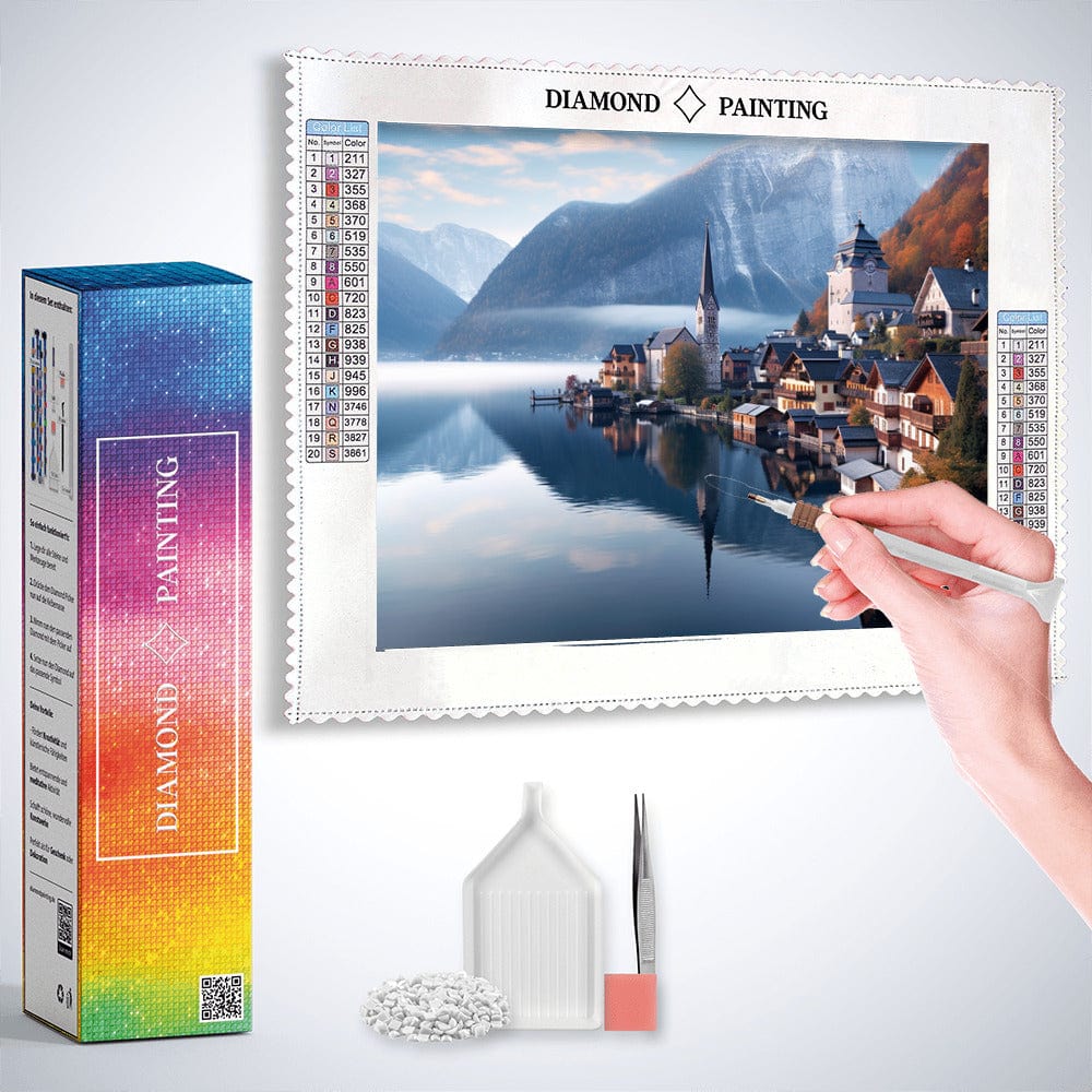 Diamond Painting - Dorf am Bergsee mit Wasserspiegelung